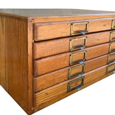 Sale Photo Thumbnail #216: Antique WEIS Oak Wood Slim 5 Drawer Document Storage Cabinet with Label Holder Drawer Pulls