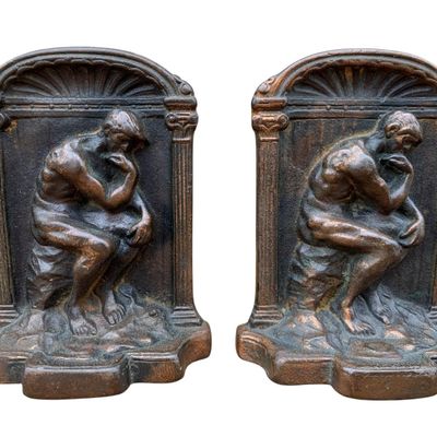 Sale Photo Thumbnail #351: 3 PAIR Antique Cast Iron Ivy Leaf and Vine, Sailing Ship and Thinking Man Library Book Ends