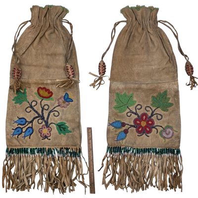 Sale Photo Thumbnail #164: 19th Century Native American Plains Indian Fringed Buckskin Floral Seed Bead Trimmed Tobacco Bag