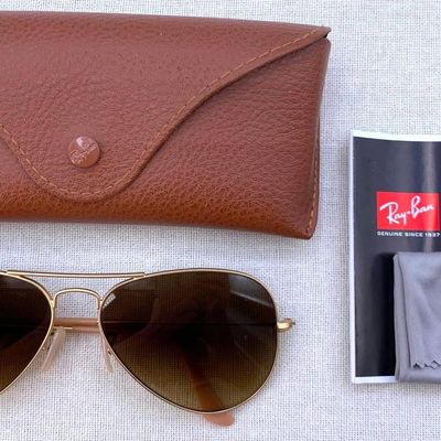Sale Photo Thumbnail #232: Italian Made Ray-Ban Matte Gold Aviator Sunglasses with Gradient Brown Polarized Lenses and Case