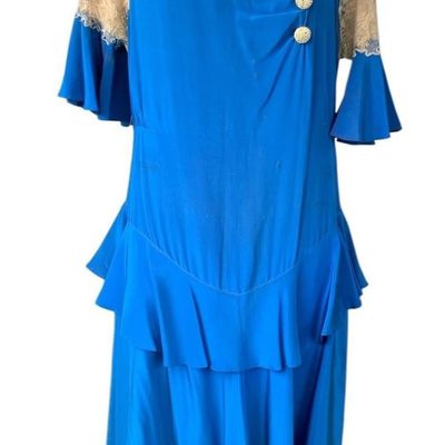 Sale Photo Thumbnail #347: Beautiful Vintage 1930s Sapphire Silk and Cream Lace Dress