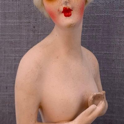 Sale Photo Thumbnail #198: Large Antique 1920s Germany Platinum Blonde Blushing Beauty Boudoir Papier Mache Half Doll