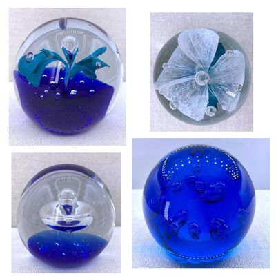 Sale Photo Thumbnail #458: 4 Vibrant Teal and Sapphire Blue Vintage Studio Art Glass Paperweights