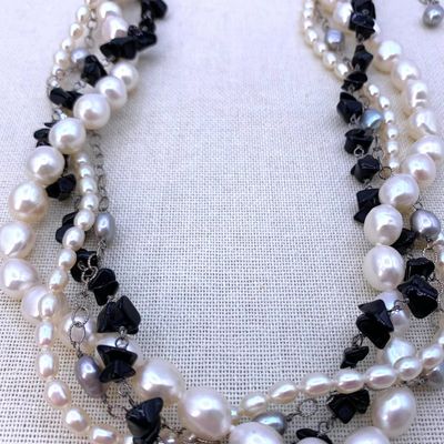 Sale Photo Thumbnail #133: Glorious Cream, Dove Gray, Freshwater Pearl and Onyx 4 Strand Sterling Silver Necklace
