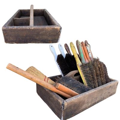 Sale Photo Thumbnail #335: Antique Divided Wood Tote with 11 Vintage Natural Bristle Shop Brushes