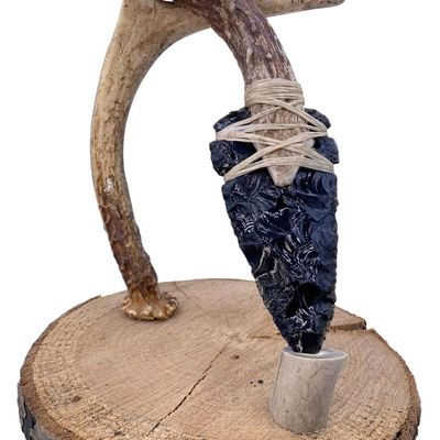 Sale Photo Thumbnail #190: Custom Made American Frontier Deer Antler Knapped Obsidian Blade Skinning Knife with Antler Stand