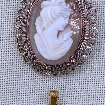 Sale Photo Thumbnail #343: Trio Vintage Hand Carved Cameo Pendants, Two 800 Silver Hallmarked Frames