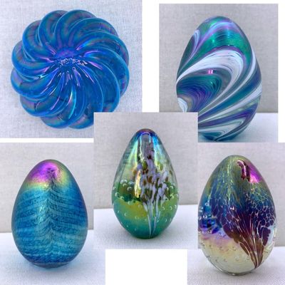 Sale Photo Thumbnail #349: 5 Vintage Iridescent Artist Signed Studio Art Glass Paperweights