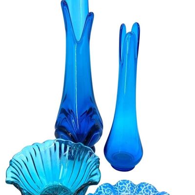 Sale Photo Thumbnail #336: 4 pc Vintage Mid Century L E Smith Swung Peacock Blue Vases, Turquoise & Fused Art Glass Bowls