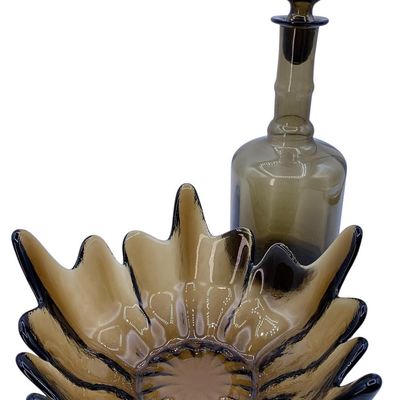 Sale Photo Thumbnail #172: 2 pc Mid Century Smokey Quartz Glass Liquor Decanter and Viking Lotus Bowl