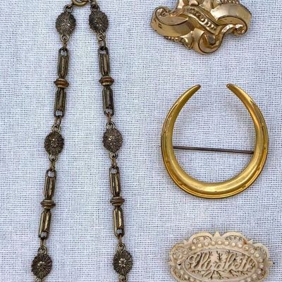 Sale Photo Thumbnail #22: 7 pc Antique Victorian C Clasp Brooches, Ivy Leaf Necklace & White Painted Cast Metal Dove Bird