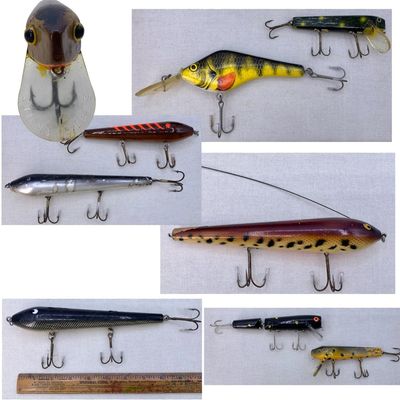 Sale Photo Thumbnail #449: 9 LARGE Vintage Folk Wooden Hand Turned, Hand Painted, Jimmy Lures BIG Fish Sporting Lures