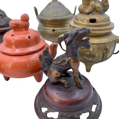 Sale Photo Thumbnail #189: 6 Vintage Brass and Red Clay Oriental Altar Incense Burners
