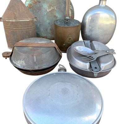 Sale Photo Thumbnail #332: 8 Antique to Vintage Water Canteens, Military Mess Kit, Camping Cook Pots, Primitive Water Ladle