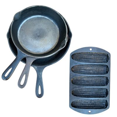 Sale Photo Thumbnail #447: 4 pc Vintage Griswold, Lodge, Skillet and Corn Cake Cast Iron Primitive Cookware Lot