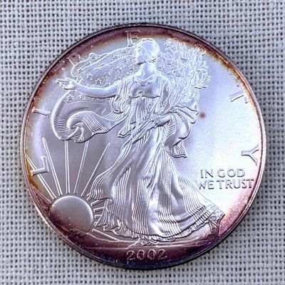 Sale Photo Thumbnail #130: Toned Brilliant Uncirculated 2002 American Eagle Silver Dollar Coin