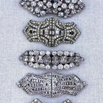 Sale Photo Thumbnail #43: 8 Vintage Art Deco Duette Rhinestone Dress, Fur, Shoe Clip and Brooch Combo in Jeweled Metal Box