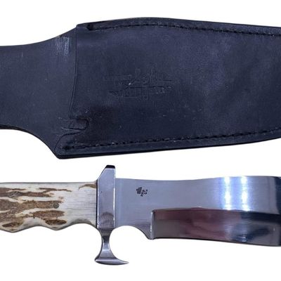 Sale Photo Thumbnail #177: Custom Made Huntsman Antler Handle Skinning, Hunting, Butcher Fixed Blade Bowie Knife,Leather Sheath
