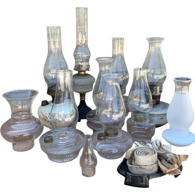 Sale Photo Thumbnail #51: 21 pc Antique Prim Oil Lamp Bases, Glass Shades, Kewanee Oil Co Tray & Early Lamp Wick Collection