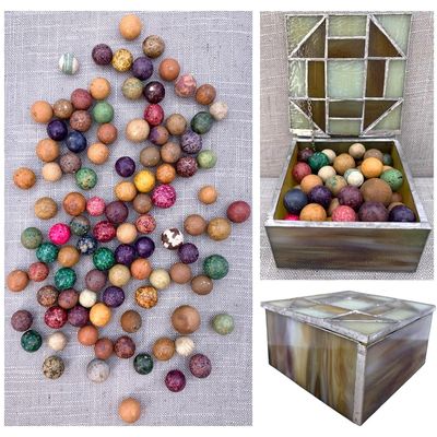 Sale Photo Thumbnail #20: 100 Antique Clay Marbles in Artisan Made Quilt Block Slag Glass Box
