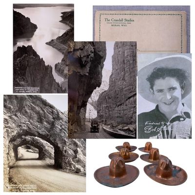 Sale Photo Thumbnail #422: 30 pc Vintage Shoshone Canyon, Grand Teton, Yellowstone Photos, Copper Cowboy Hat Travel Souvenirs
