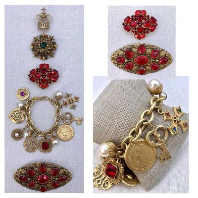 Sale Photo Thumbnail #110: Ornate 5 pc Vintage French Etruscan Style Bracelet, Ruby Glass Czech and Renaissance Brooches