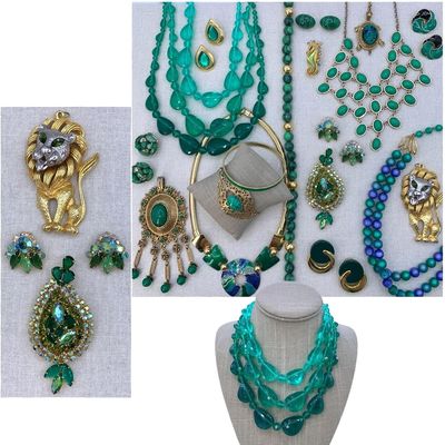 Sale Photo Thumbnail #18: Dramatic 24 pc Mid Century to 80s Byzantine, Lion, Turtle, German Emerald Ombre Jewelry Collection