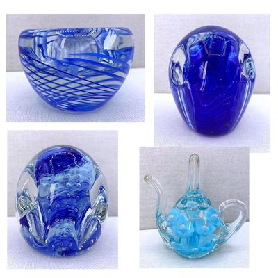 Sale Photo Thumbnail #452: 4 Vibrant Cobalt and Sky Blue Vintage Studio Art Glass Paperweights: Gentile