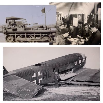 Sale Photo Thumbnail #317: 4 pc 374th/361st Fighter Squadron Personal WWII US Soldier Photo Lot: German Plane Crash, Tractor