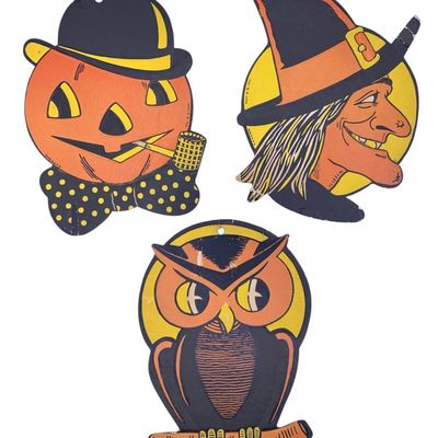 Sale Photo Thumbnail #344: Trio Vintage H E Luhrs Die Cut Owl, Jack-o-lantern and Witch Paperboard Halloween Decorations