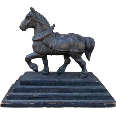 Sale Photo Thumbnail #58: Antique Cast Iron Clydesdale Horse on Tiered Wooden Base