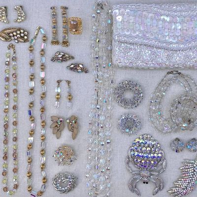 Sale Photo Thumbnail #70: 25 pc Mid Century to 90s Glittering Aurora Borealis Crystal Jewelry and Sequin Clutch Collection