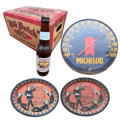 Sale Photo Thumbnail #360: Vintage Michelob Beer Thermometer, 24 Old Dutch Beer Bottles in Crate and 2 Early Tavern Bar Trays
