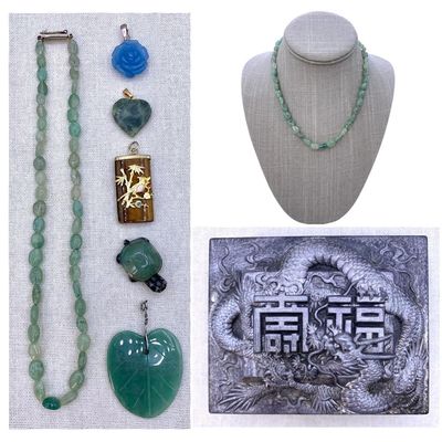 Sale Photo Thumbnail #163: Vintage Blue and Green Jade, Amazonite, Tigers Eye Jewelry in Japanese Dragon Cigarette Box