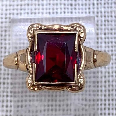 Sale Photo Thumbnail #160: Magical Antique 10k Gold Emerald Cut Ruby Glass Ring