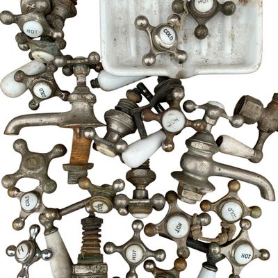 Sale Photo Thumbnail #386: 27 pc Antique to Vintage Porcelain and Metal Hot/Cold Faucet Fixture Handle Lot