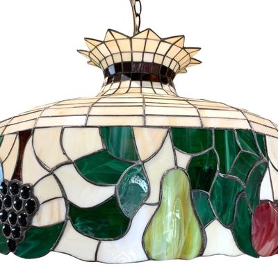 Sale Photo Thumbnail #27: Fantastic LARGE 22 inch Lead Stained and Slag Glass Fruit Ceiling Pendant Light Shade