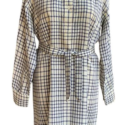 Sale Photo Thumbnail #178: Donald Davies of Dublin Mid Century Navy and Cream Plaid Wool Belted Long Sleeve Tunic Dress