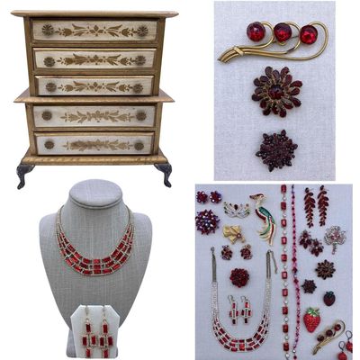 Sale Photo Thumbnail #183: 26 pc Vintage Ruby Red Jewelry Collection in Petite 5 Drawer Mid Century Jewel Cabinet