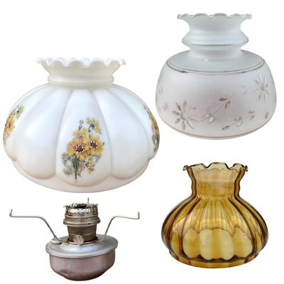 Sale Photo Thumbnail #96: 3 Vintage Parlor Lamp Shades and Pair of Aluminum Railroad NW Railway Company Oil Lamp Bases