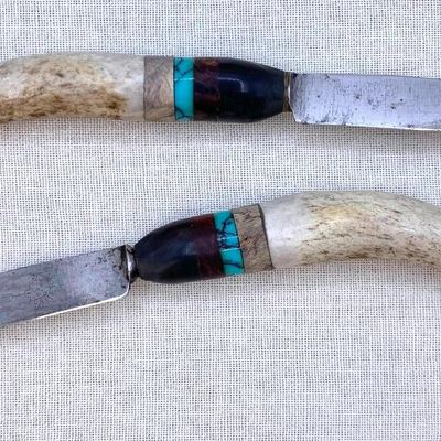 Sale Photo Thumbnail #219: Pair of Quality Made Custom Antler Handle F HERDER Fixed Blade Huntsman Knives
