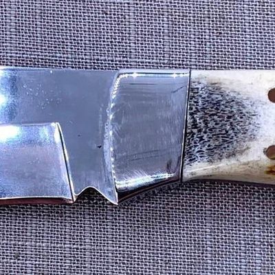 Sale Photo Thumbnail #334: Outstanding Custom Made Stag Antler Fixed Blade Huntsman Bowie Knife in Leather Sheath