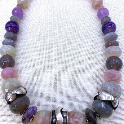 Sale Photo Thumbnail #90: Superb Artist Created Faceted Agate, Amethyst and Silver Graduated Bead Statement Necklace
