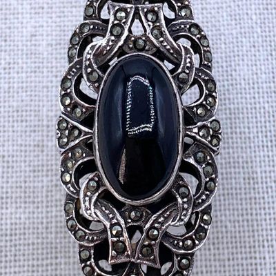 Sale Photo Thumbnail #171: Opulent Onyx Cabochon, Glittering Marcasite, 18.3 Gram Sterling Silver Art Deco Style 925 Ring