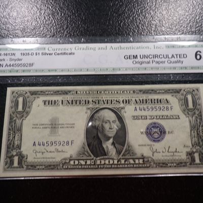 1935-D C.G.A. GEM UNC. 65 $1 SILVER CERTIFICATE
