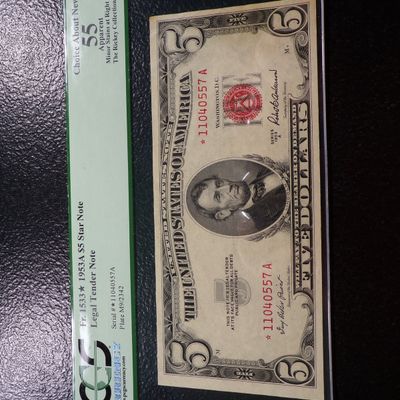 1953-A PCGS CHOICE ABOUT NEW 55 $5 UNITED STATES STAR NOTE THE RICKEY COLLECTION