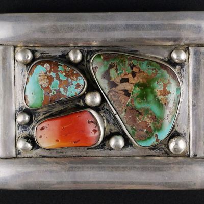 Sale Photo Thumbnail #277: Navajo Silver Turquoise Coral Belt Buckle, Signed