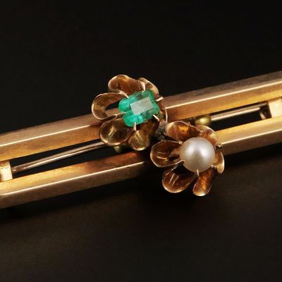 Sale Photo Thumbnail #181: 22KT Gold Emerald and Pearl Brooch Bar Pin