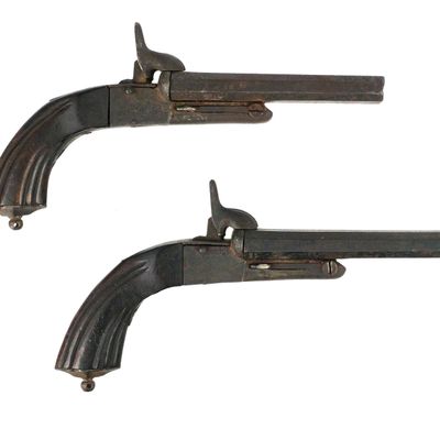 Sale Photo Thumbnail #316: Pair Spanish Double Barrel Percussion Pistols