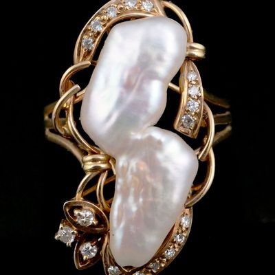 Sale Photo Thumbnail #21: 14K Gold Baroque Pearl & Diamond Ring